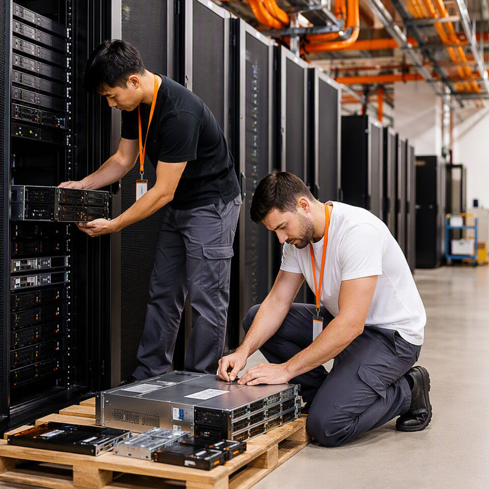 technicians installing servers in a data center