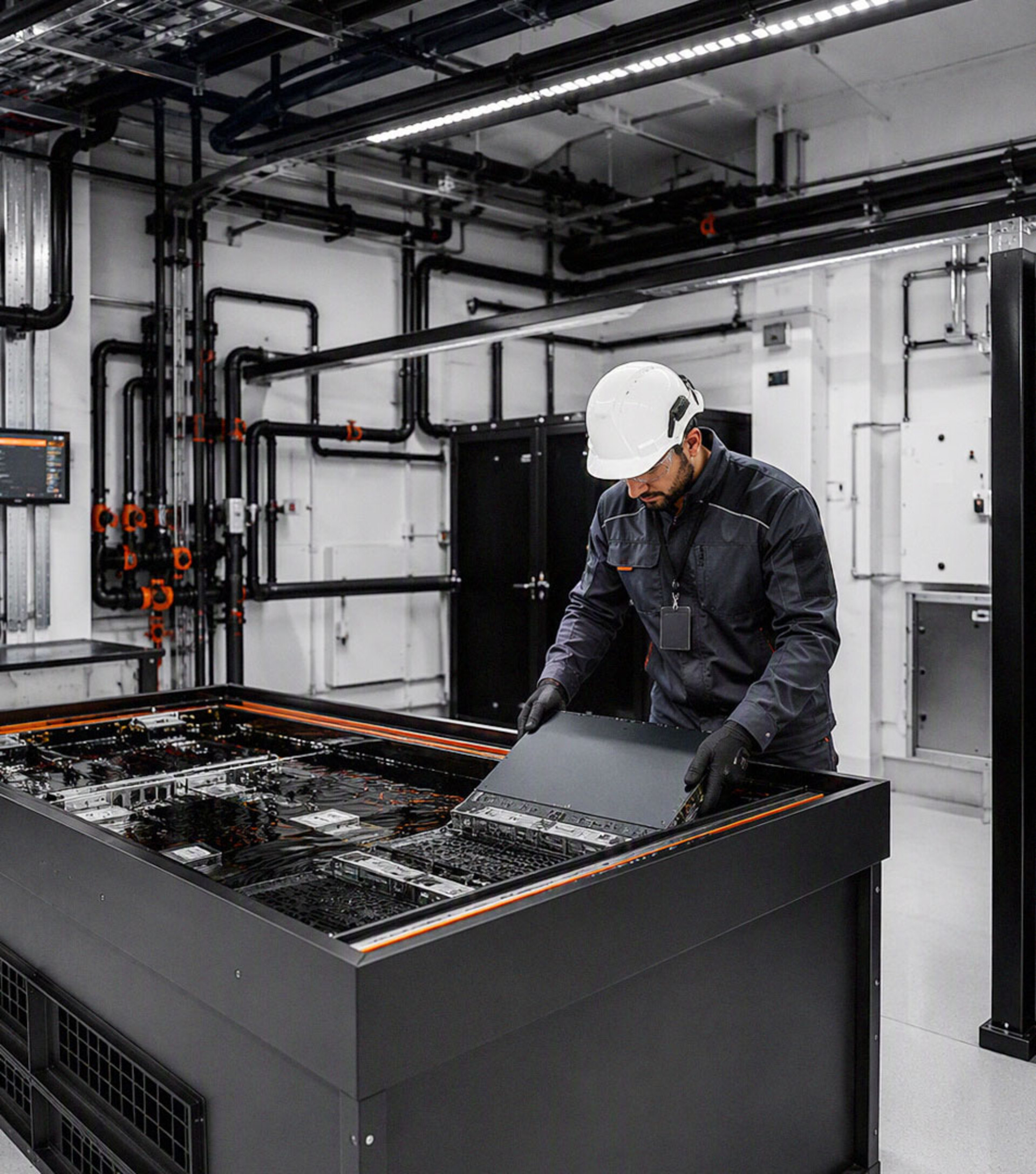 Technician installing hardware in an immersion liquid cooling tank in a data center