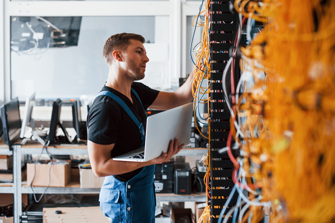 server rack cabling young engineer male cables support service